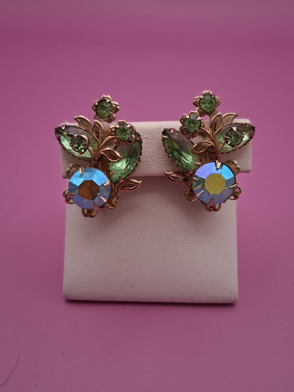 Gold-Tone Green AB Crystal Floral Clip Earrings